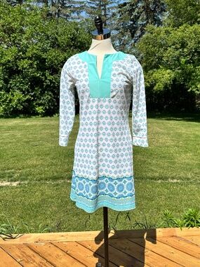 Cabana Life Dress Tunic Beach Shift, Small, Blue Turquoise White